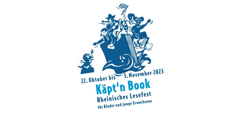Käpt'n Book 2023 - Plakat in Blau mit Schiff und Kindern