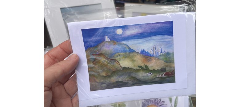 Blick aufs Siebengebirge mit Drachenfels auf einer Postkarte von Ingrid Federer
